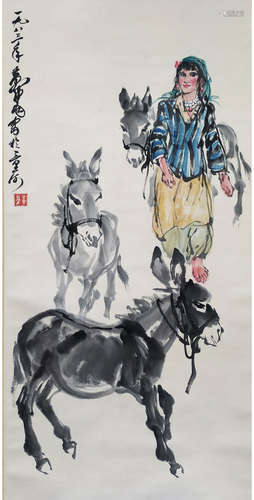 A CHINESE FIGURE&DONKEY PAINTING HUANG ZHOU MARK