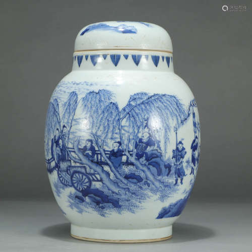 A BLUE AND WHITE FIGURES PORCELAIN COVER JAR