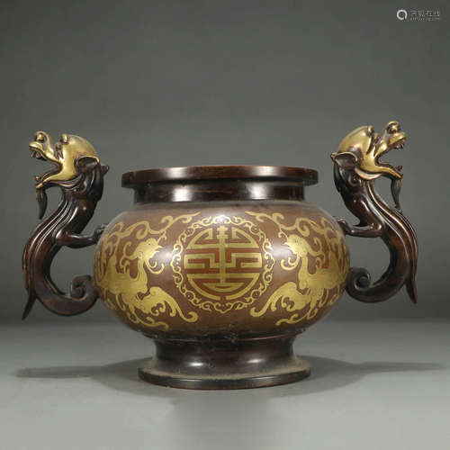 A GILT-BRONZE DRAGON PATTERN BEAST EARS CENSER