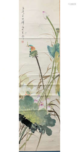 A CHINESE LOTUS DELIGHT PAINTING WANG XUETAO MARK