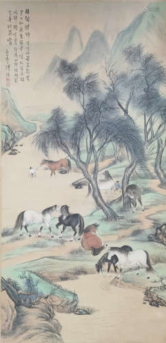 A CHINESE HORSE PAINTING SCROLL PU RU MARK