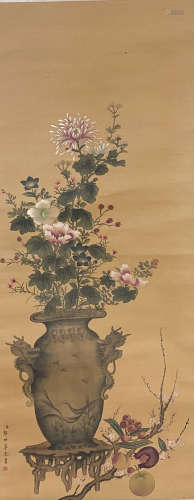 A CHINESE FLOWER PAINTING SILK SCROLL LANG SHINING MARK