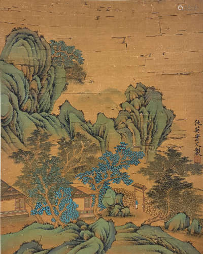 A CHINESE LANDSCAPE PAINTING SILK SCROLL QIU YING MARK