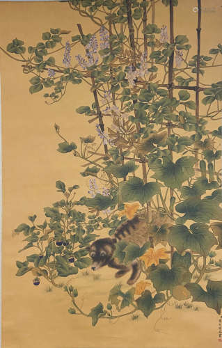 A CHINESE FLOWER&BIRD PAINTING SILK SCROLL JIANG TINGXI MARK