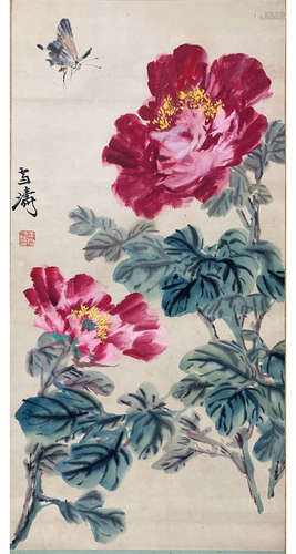 A CHINESE FLOWERS&BUTTERFLY PAINTING WANG XUETAO MARK