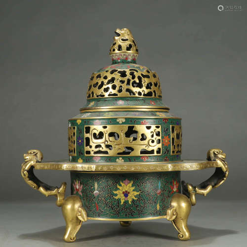 A GILT-BRONZE DOUBLE-EARED TRIPOD CENSER