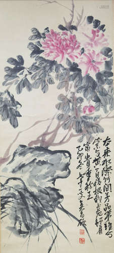 A CHINESE FLOWERS PAINTING SCROLL WU CHANGSHUO MARK