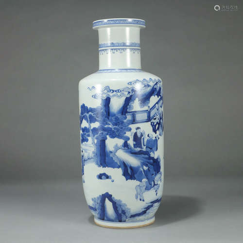 A BLUE AND WHITE IMMORTAL FIGURES PORCELAIN ROULEAU VASE