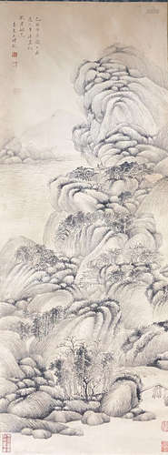 A CHINESE LANDSCAPE PAINTING SCROLL WANG SHIMIN MARK