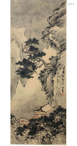 A CHINESE LANDSCAPE PAINTING SILK SCROLL PU RU MARK