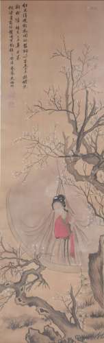 A CHINESE FIGURE PAINTING SILK SCROLL ZHU MEICUN MARK