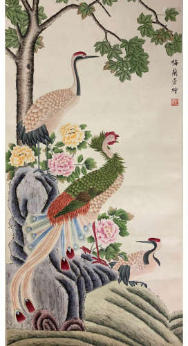A CHINESE FLOWERS&BIRD PAINTING MEI LANFANG MARK