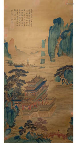 A CHINESE TEMPLE PAINTING SILK SCROLL QIU YING MARK