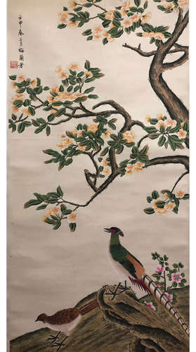 A CHINESE FLOWERS&BIRD PAINTING PAN TIANSHOU MARK