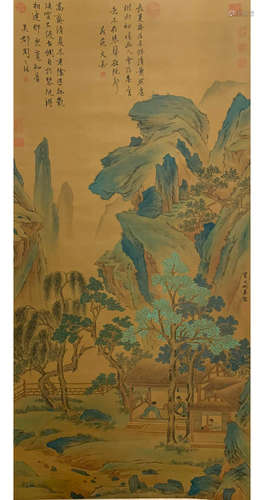 A CHINESE LANDSCAPE PAINTING SILK SCROLL QIU YING MARK