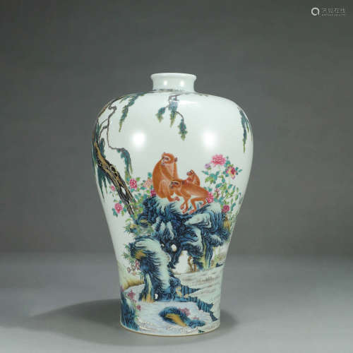 A MONKEY PAINTED PORCELAIN MEIPING VASE