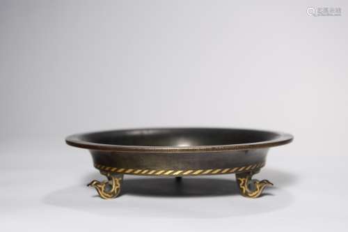 CHINESE BRONZE FOOD PLATE WITH STONE INLAY