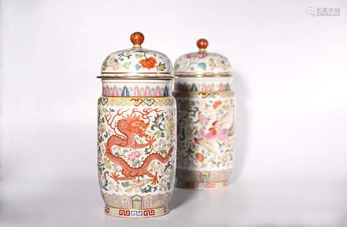 CHINESE FAMILLE ROSE DRAGON COVER JARS, PAIR