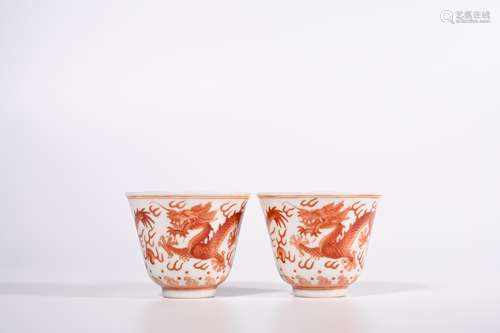 CHINESE IRON RED DRAGON PORCELAIN CUPS, PAIR