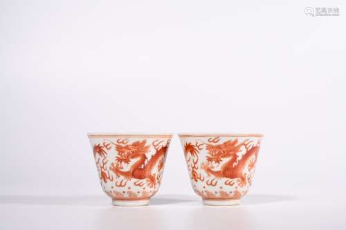 CHINESE IRON RED DRAGON PORCELAIN CUPS, PAIR