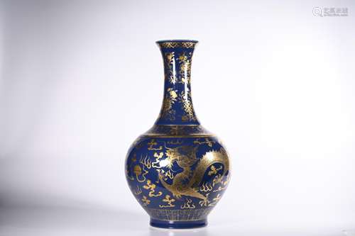 CHINESE GILT BLUE GROUND DRAGON PORCELAIN VASE