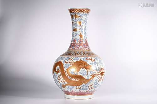 CHINESE FAMILLE ROSE DRAGON PORCELAIN VASE, MARKED