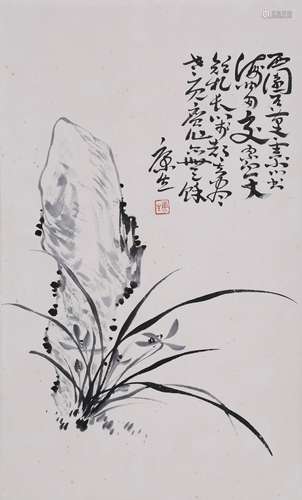 CHINESE SCROLL PAINTING OF FLOWER AND ROCK