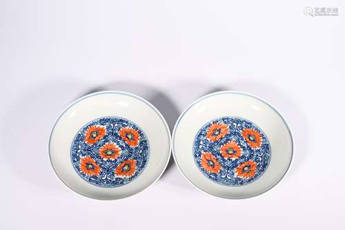 CHINESE BLUE WHITE IRON RED PORCELAIN PLATES, PAIR