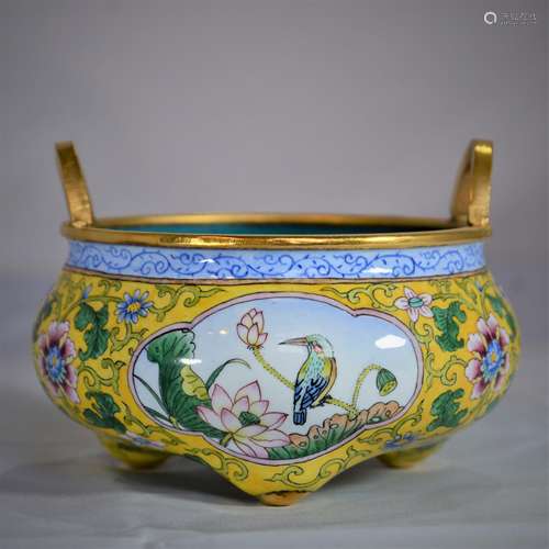 CHINESE BRONZE ENAMELED TRIPOD CENSER