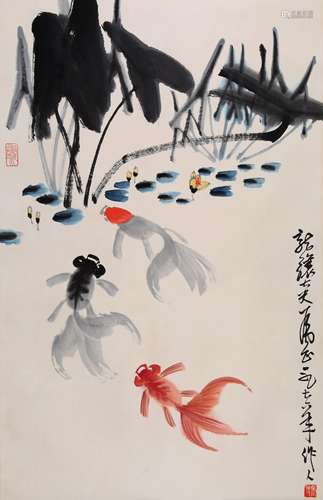 CHINESE INK AND COLOR GOLDFISH PAINTING