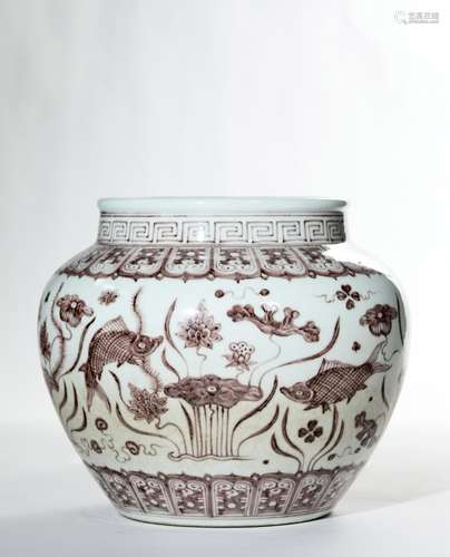 AN UNDERGLAZED RED FISH PATTERN PORCELAIN JAR