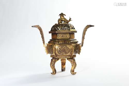 CHINESE GILT BRONZE TRIPOD COVER CENSER