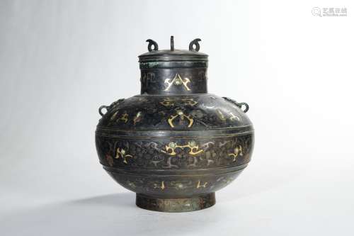 CHINESE BRONZE FOOD VESSEL WITH GOLD AND SILVER IN