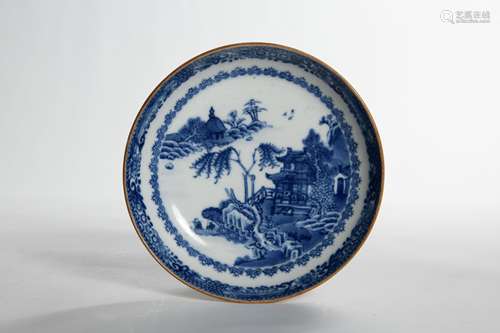 A BLUE AND WHITE LANDSCAPE AND FIGURE PORCELAIN PL