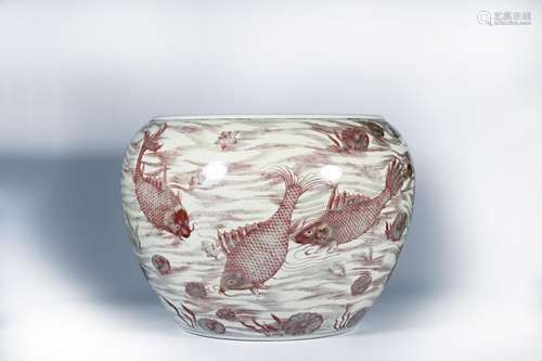 CHINESE IRON RED UNDERGLAZE PORCELAIN FISH JAR