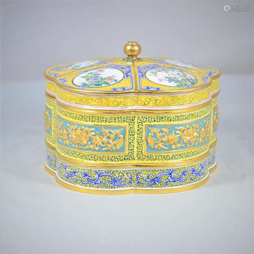 CHINESE BRONZE ENAMELED COVER BOX, MARKED