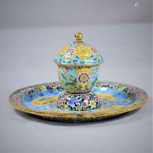 CHINESE BRONZE ENAMELED CUP AND SAUCER, MARKED