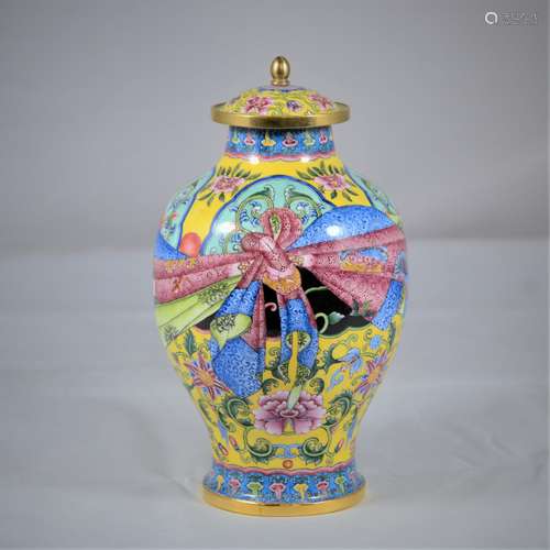 CHINESE BRONZE ENAMELED COVER VASE, MARKED