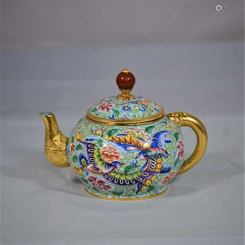 CHINESE BRONZE ENAMELED TEAPOT, MARKED