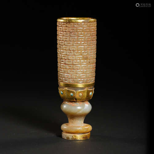 CHINESE HETIAN JADE CUP INLAID WITH GOLD