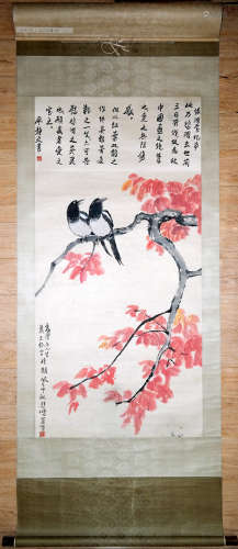 CHINESE INK AND COLOR SCROLL PAINTING, BIRDS AND TREE