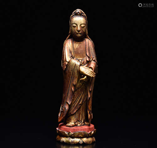 CHINESE WOOD CARVED STANDING GUANYIN