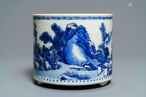 CHINESE BLUE WHITE LANDSCAPE PORCELAIN CENSER