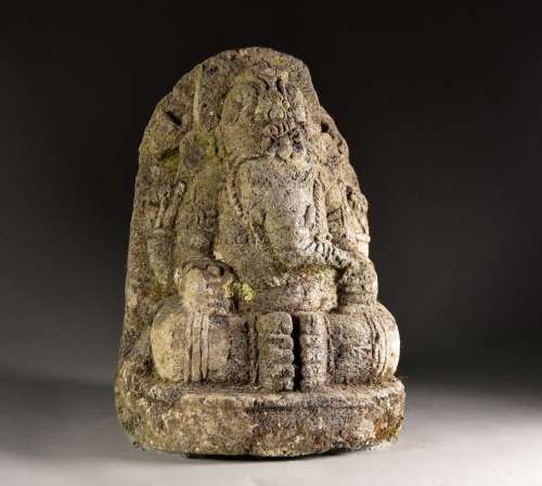 印度--19世纪雕刻的花岗岩GaneshH.高42厘米地衣