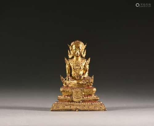 缅甸----约1900年鎏金铜佛H.13厘米事故、短缺