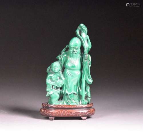 中国--20世纪初木雕孔雀石雕仙人渔翁得利群像H.16厘米高