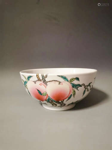 CHINESE FAMILLE ROSE 9 PEACH PORCELAIN BOWL