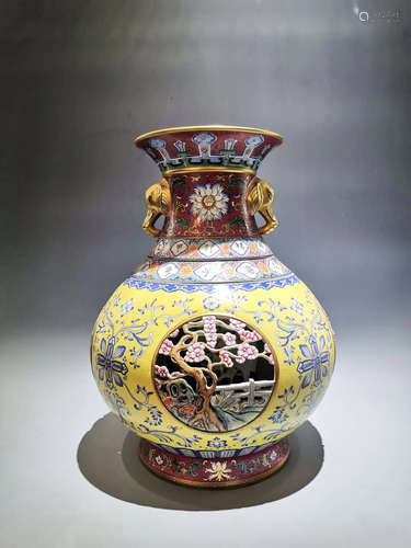 CHINESE FAMILLE ROSE TWO LAYER PORCELAIN VASE