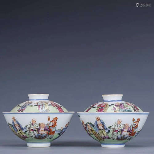 CHINESE FAMILLE ROSE 18 LOHAN PORCELAIN BOWL, PAIR