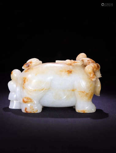 CHINESE WHITE JADE CARVED BOY AND ELEPHANT